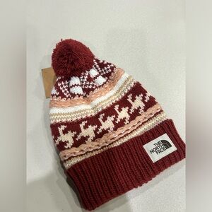 The North Face Women's Fair Isle Beanie Maroon Hat NWT Oversized Pom